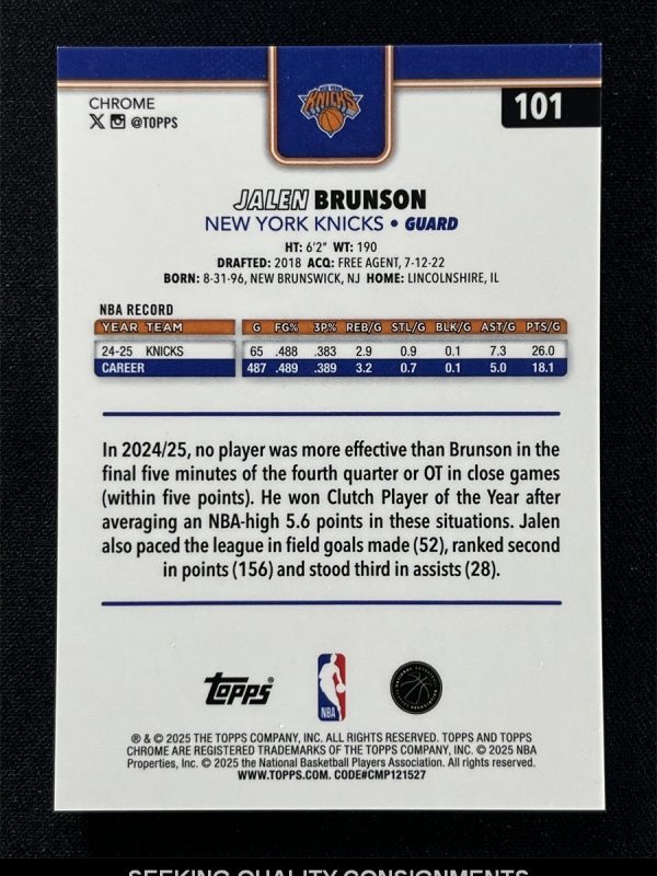 2025-26 Topps Chrome Jalen Brunson #101 Gold Geometric Refractor Knicks /50