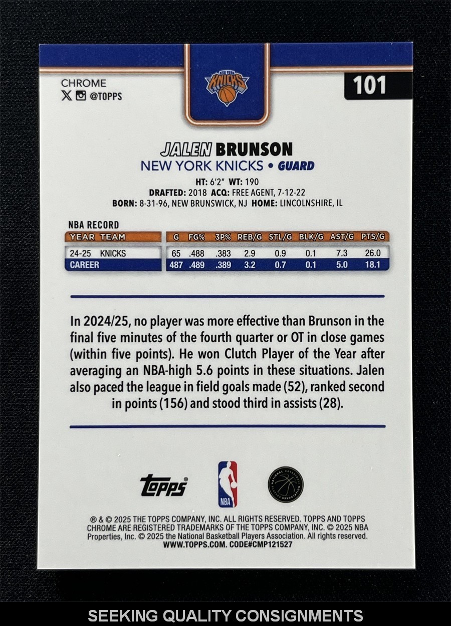 2025-26 Topps Chrome Jalen Brunson #101 Gold Geometric Refractor Knicks /50