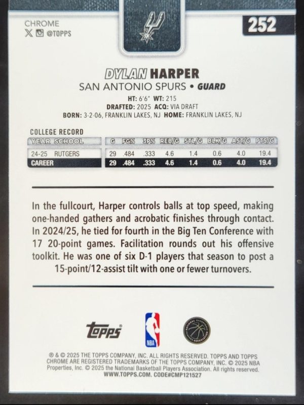 2025-26 Topps Chrome Dylan Harper Negative Refractor RC Spurs
