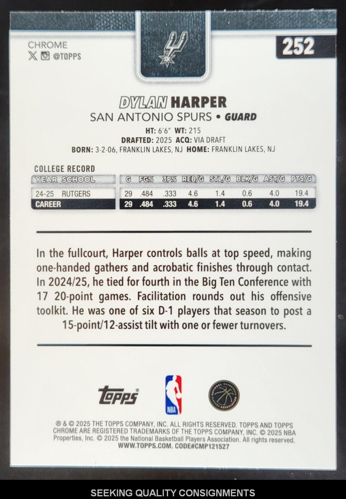 2025-26 Topps Chrome Dylan Harper Negative Refractor RC Spurs