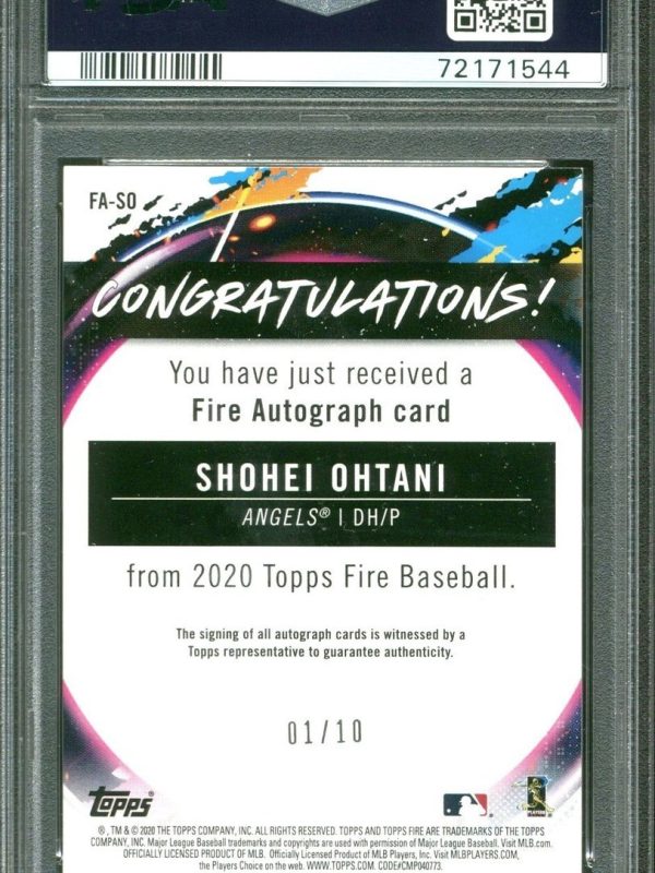 2020 TOPPS FIRE AUTOGRAPHS GOLD #FASO SHOHEI OHTANI #/10 POP 2 PSA 9 DNA AUTO 10