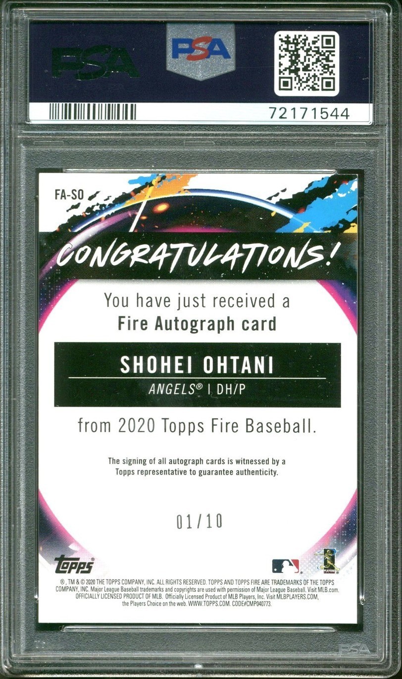 2020 TOPPS FIRE AUTOGRAPHS GOLD #FASO SHOHEI OHTANI #/10 POP 2 PSA 9 DNA AUTO 10