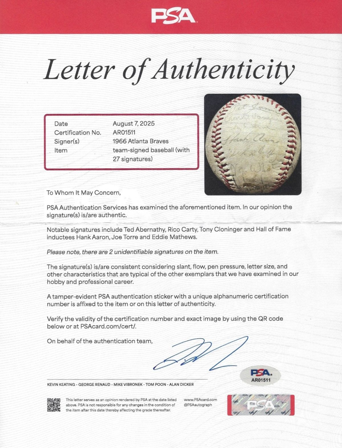 1966 Braves Team Signed Baseball 27 Autos Hank Aaron, Matthews, Torre PSA LOA