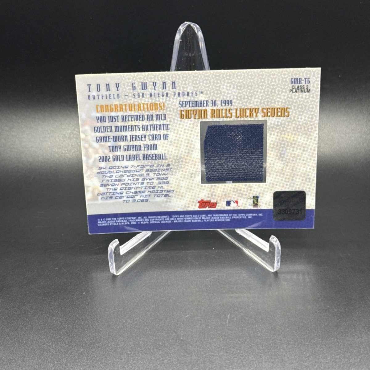 2002 Topps Gold Label Major League Moments Tony Gwynn Game Worn Jersey Relic