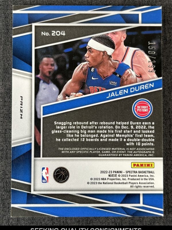 2022-23 Panini Spectra Jalen Duren RC Rookie Silver Prizm Patch Auto /199