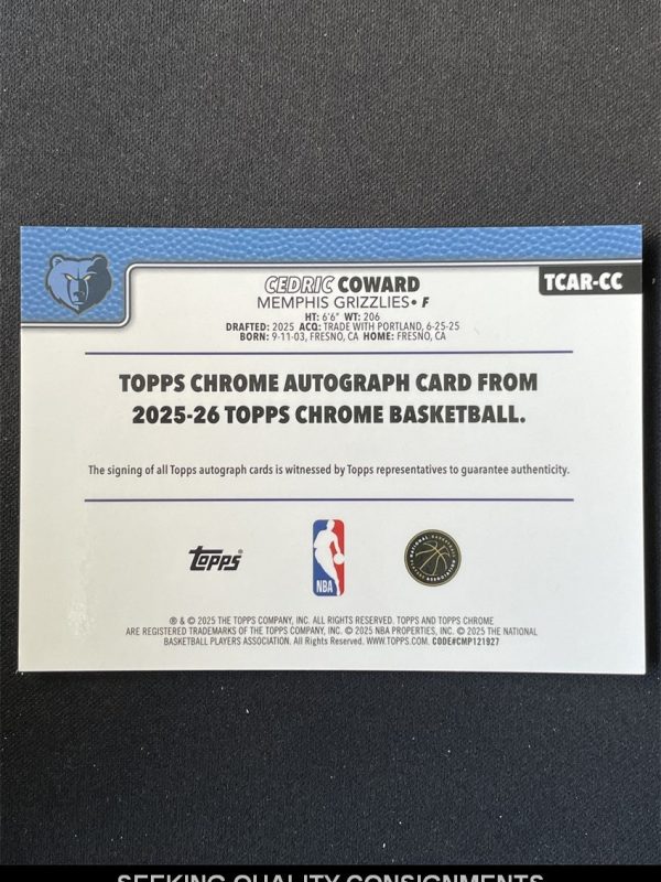 2025-26 Topps Chrome Basketball Cedric Coward RC Rookie Auto #TCAR-CC