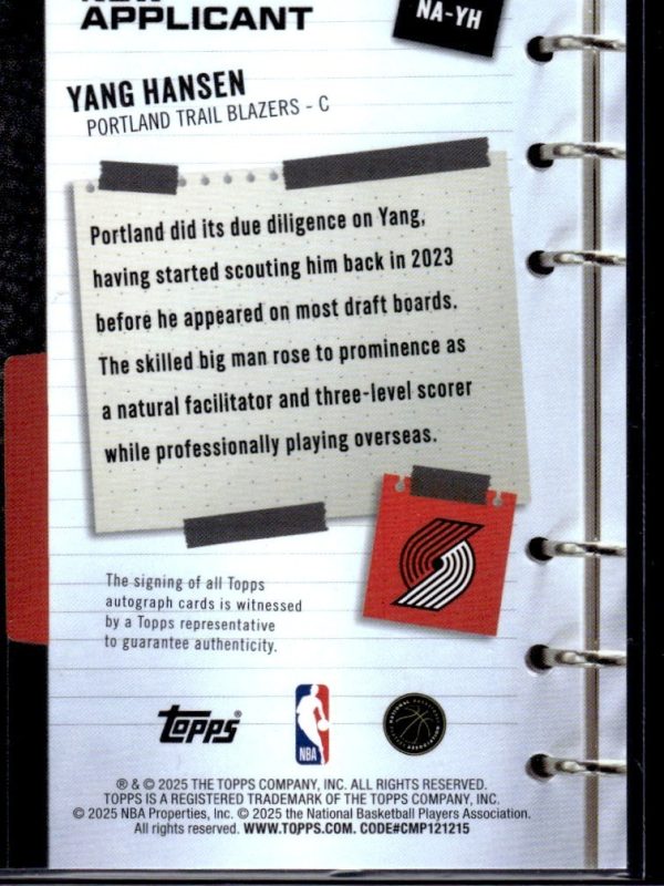 2025-26 Topps New Applicants GREEN Holofoil Yang Hansen Rookie Auto /99 #NA-YH