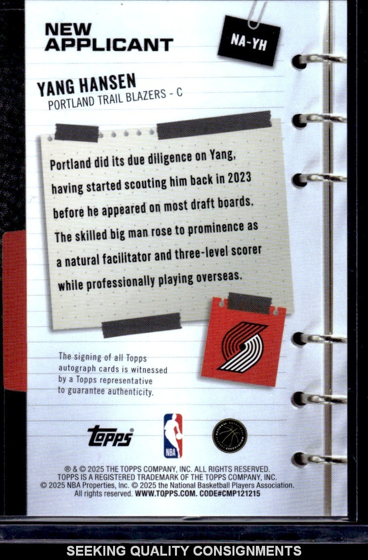 2025-26 Topps New Applicants GREEN Holofoil Yang Hansen Rookie Auto /99 #NA-YH