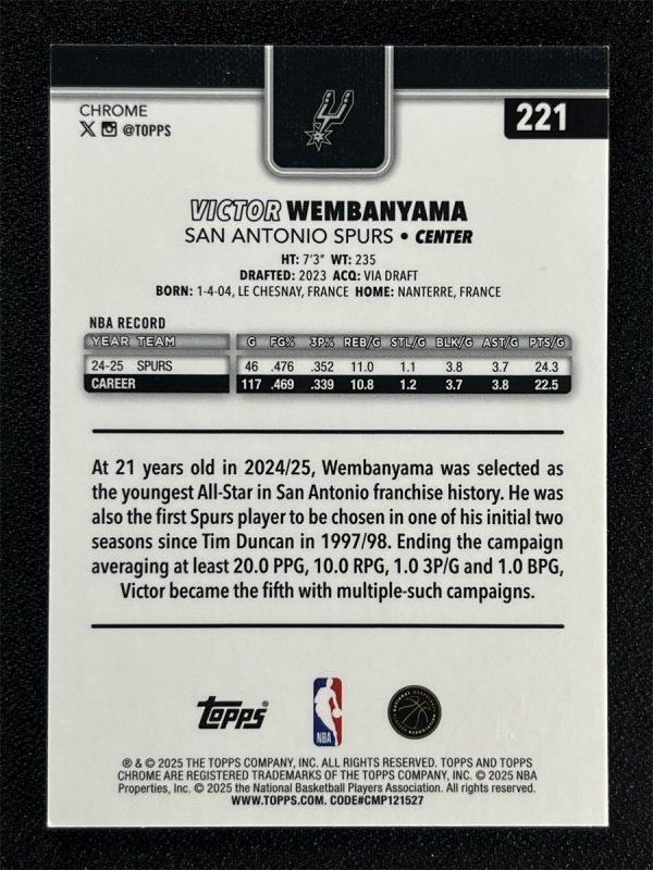 2025-26 Topps Chrome Victor Wembanyama #221 Blue Wave Refractor /150 &01222