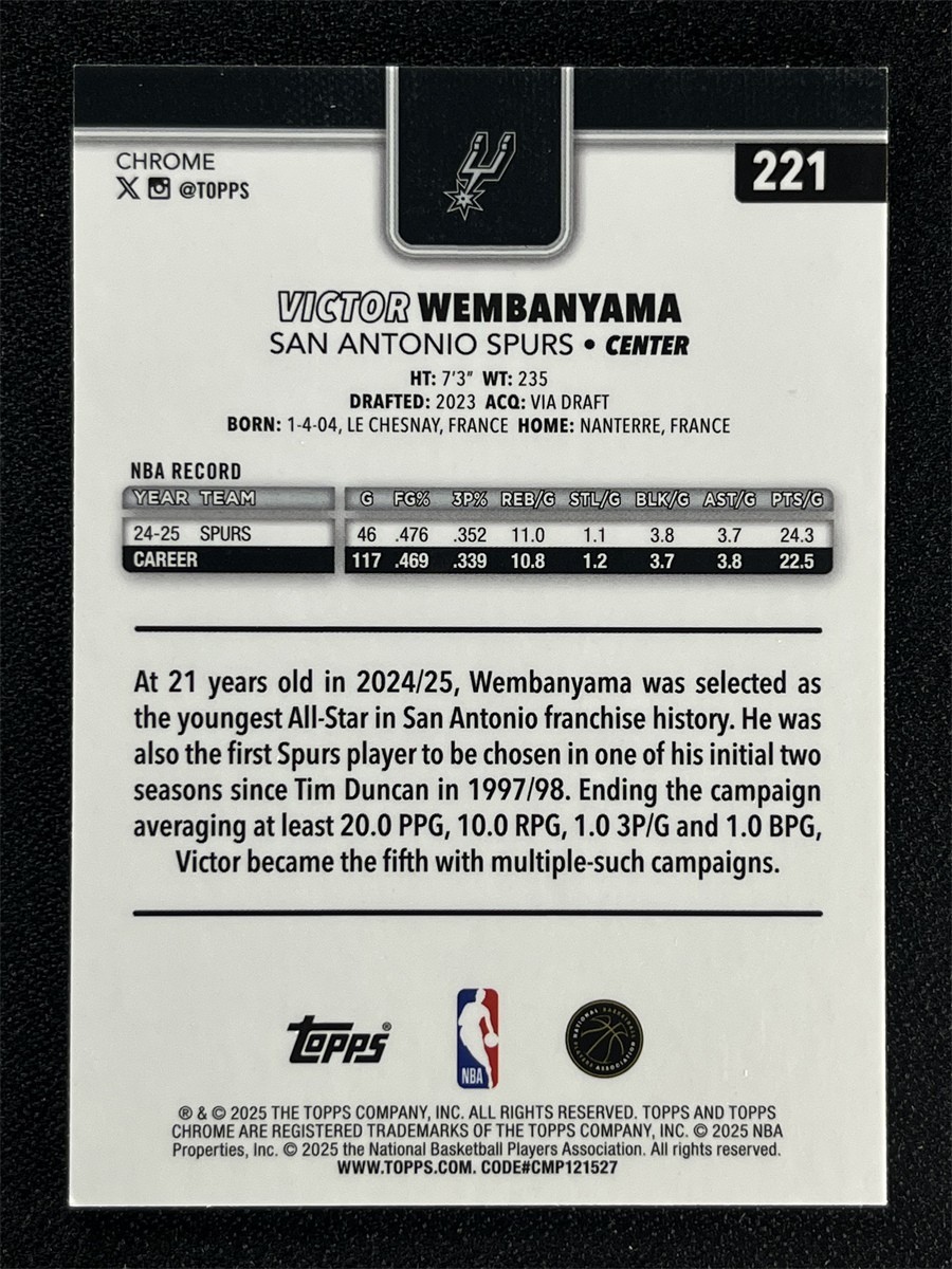 2025-26 Topps Chrome Victor Wembanyama #221 Blue Wave Refractor /150 &01222