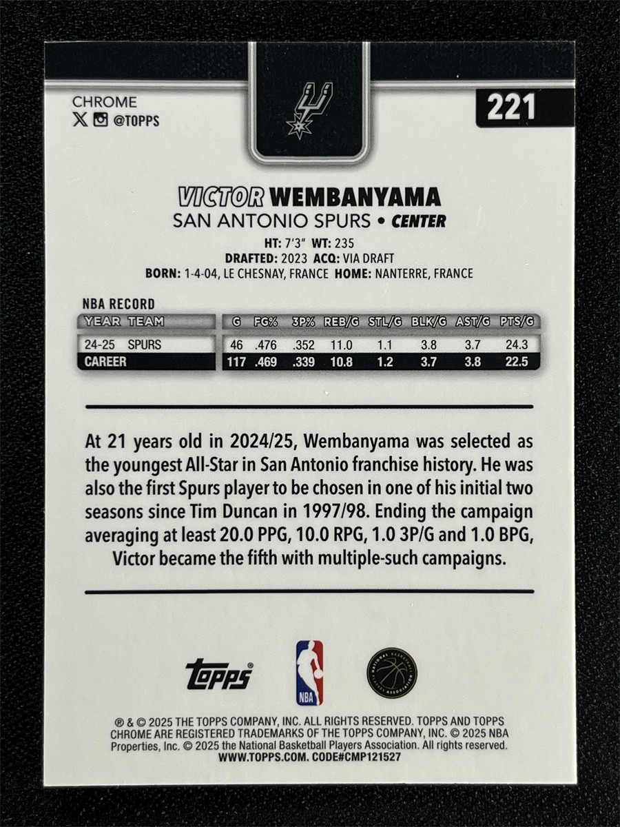 2025-26 Topps Chrome Victor Wembanyama #221 Blue Wave Refractor /150