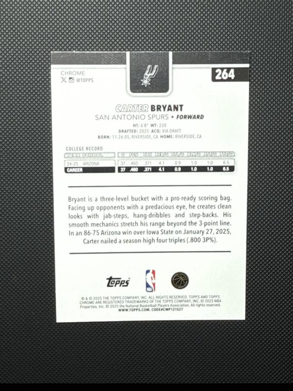2025-26 Topps Chrome #264 Carter Bryant Yellow Refractor Rookie RC 154/275