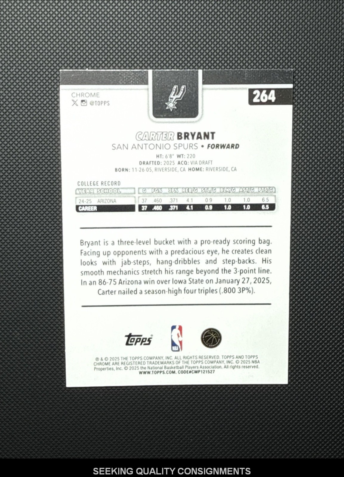 2025-26 Topps Chrome #264 Carter Bryant Yellow Refractor Rookie RC 154/275