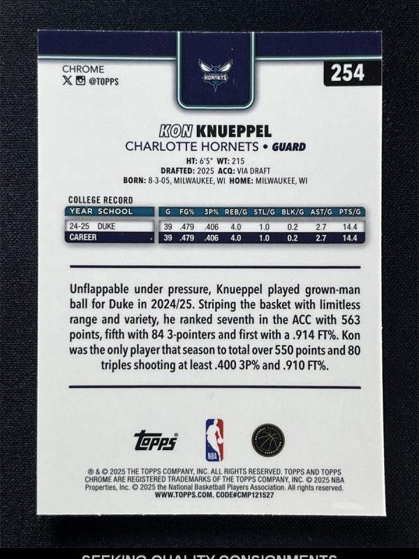 2025-26 Topps Chrome Kon Knueppel #254 Raywave Refractor Rookie RC