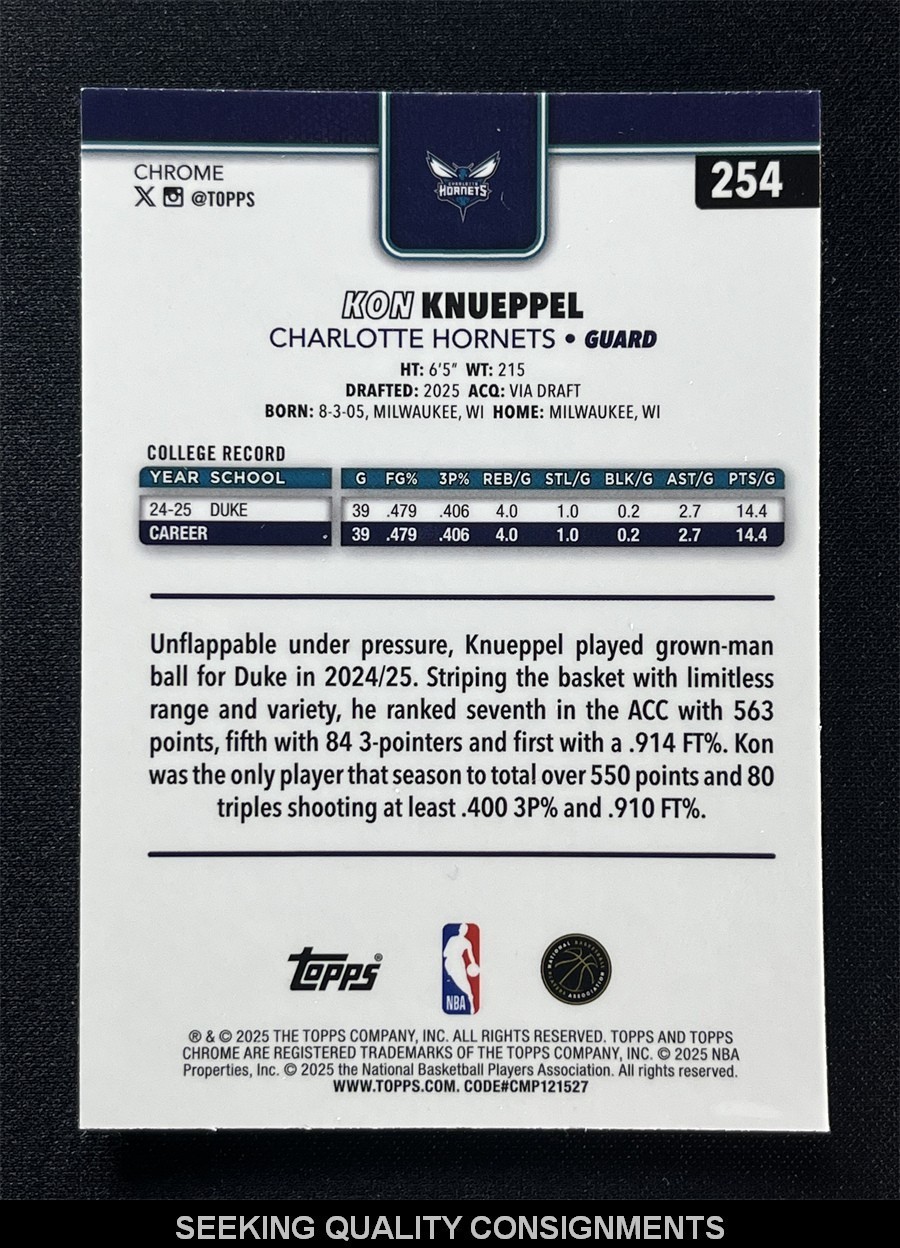 2025-26 Topps Chrome Kon Knueppel #254 Raywave Refractor Rookie RC