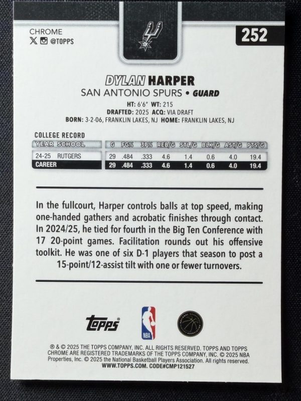 2025-26 Topps Chrome Dylan Harper #252 RC Rookie X-Fractor