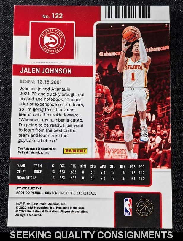 2021 Panini Contenders Optic Jalen Johnson Rc Rookie Ticket Silver Prizm Auto