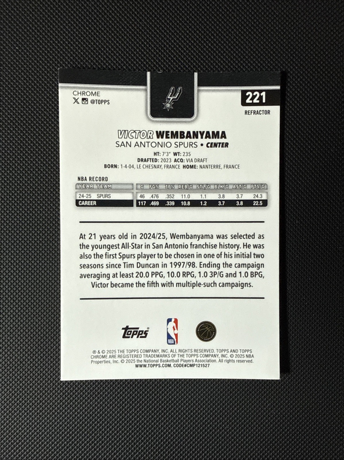 Victor Wembanyama 2025-26 Topps Chrome True Silver Refractor #221 Spurs