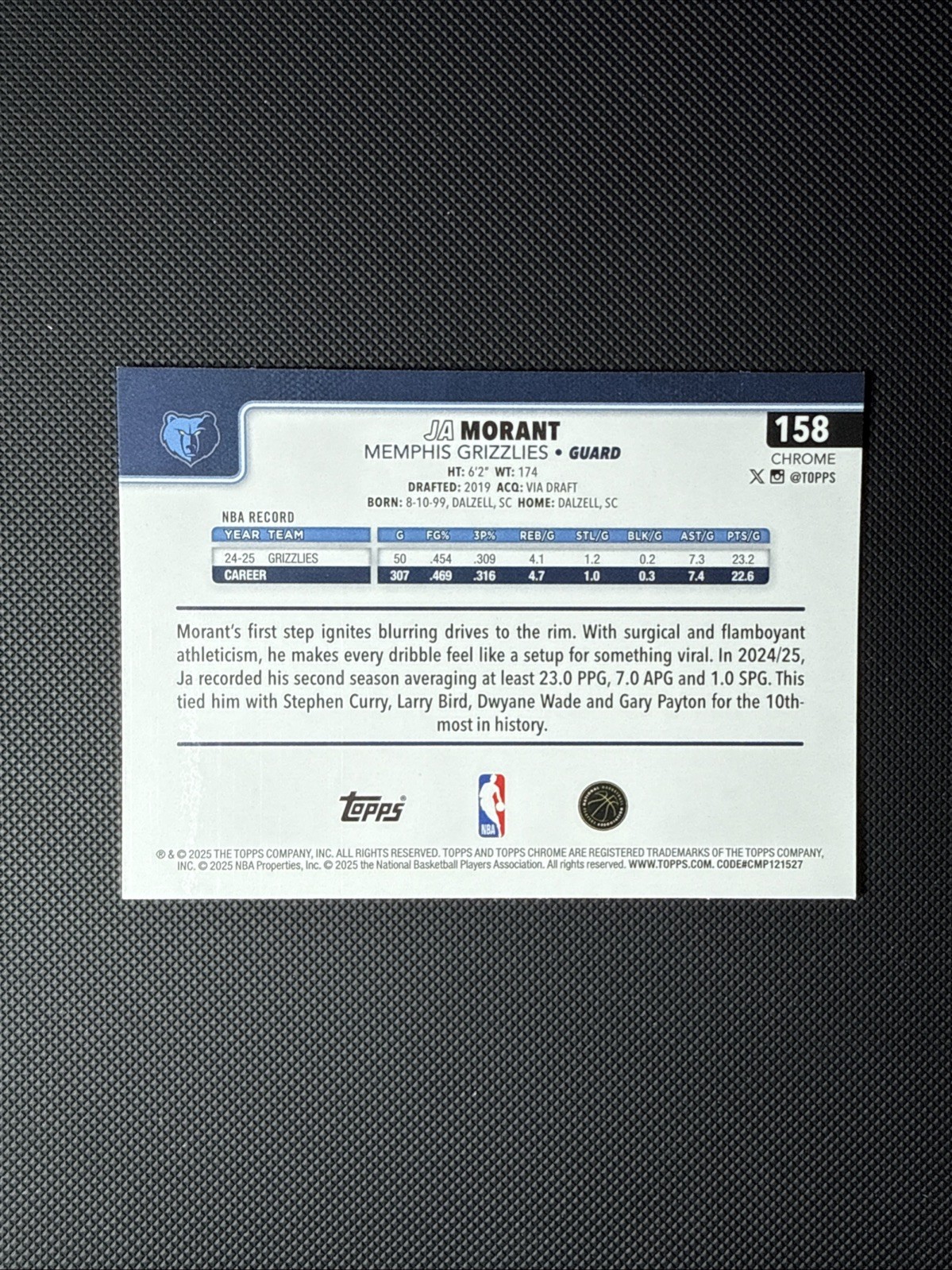 2025-26 Topps Chrome Ja Morant Green Hyper Prism Refractor /99 #158 Grizzlies