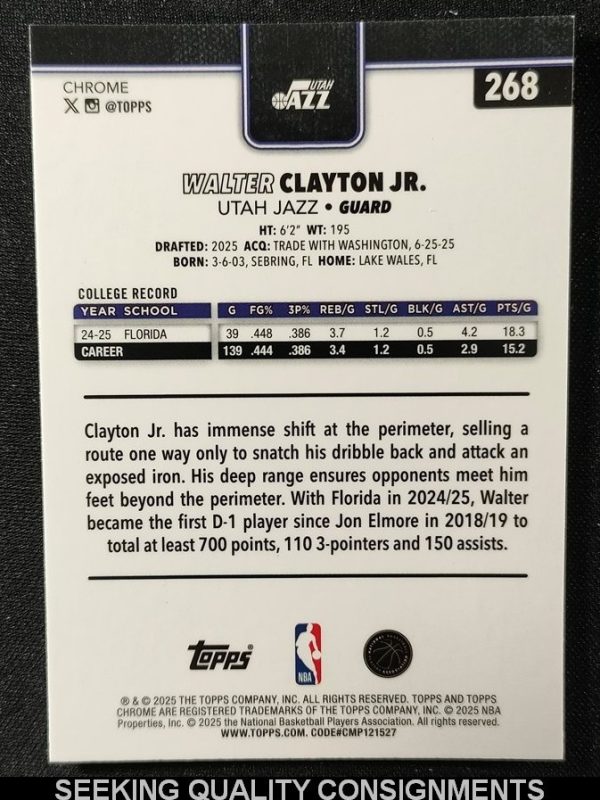 2025-26 Topps Chrome WALTER CLAYTON JR. RC #/199 AQUA RAYWAVE Refractor Jazz
