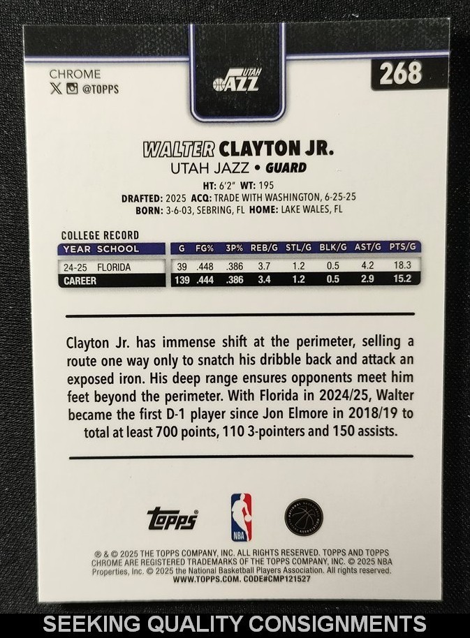 2025-26 Topps Chrome WALTER CLAYTON JR. RC #/199 AQUA RAYWAVE Refractor Jazz