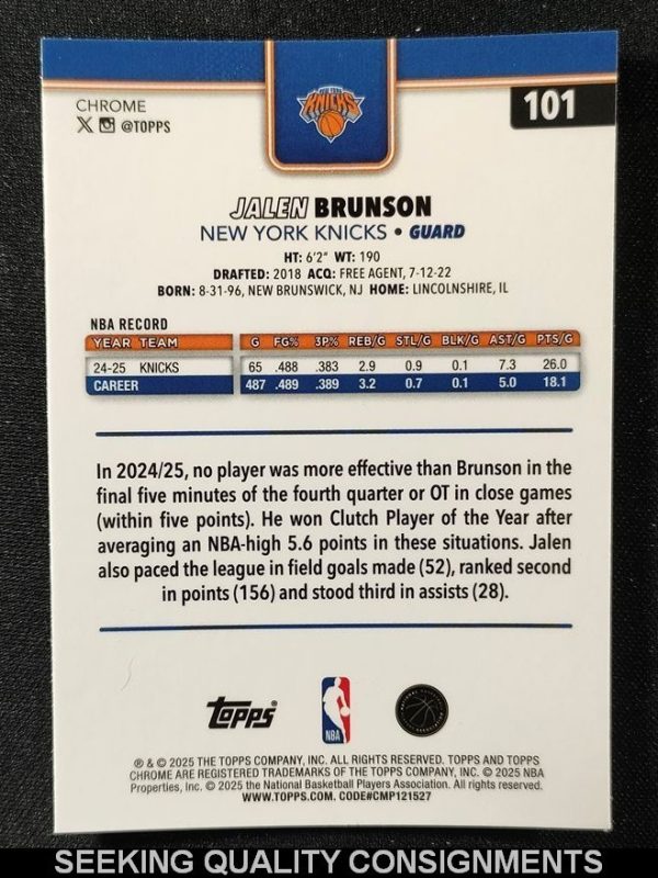 Jalen Brunson 2025-26 Topps Chrome Green RayWave Refractor /99 #101