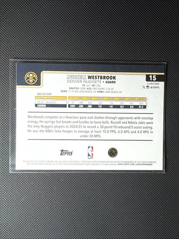 2025-26 Topps Chrome Base Set True Gold Refractor #15 Russell Westbrook #/275