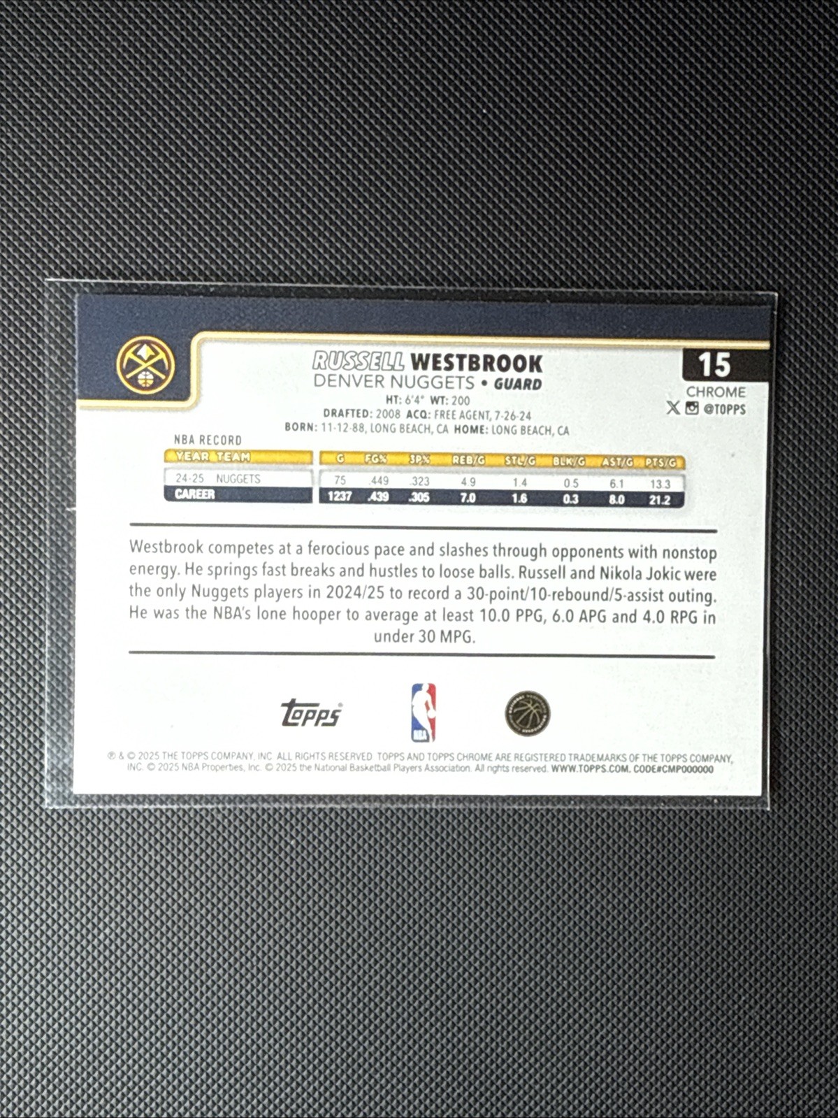 2025-26 Topps Chrome Base Set True Gold Refractor #15 Russell Westbrook #/275