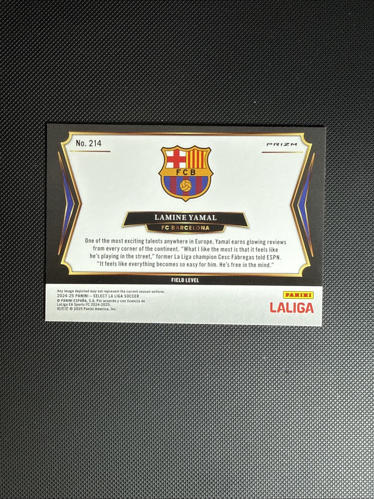 2024-25 Panini Select La Liga - Field Level Lamine Yamal #214 Purple Mojo Prizm