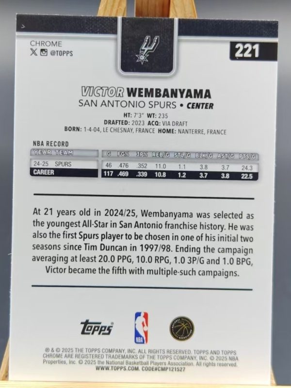 2025-26 Topps Chrome VICTOR WEMBANYAMA Basketball Refractor SP! #221 Spurs