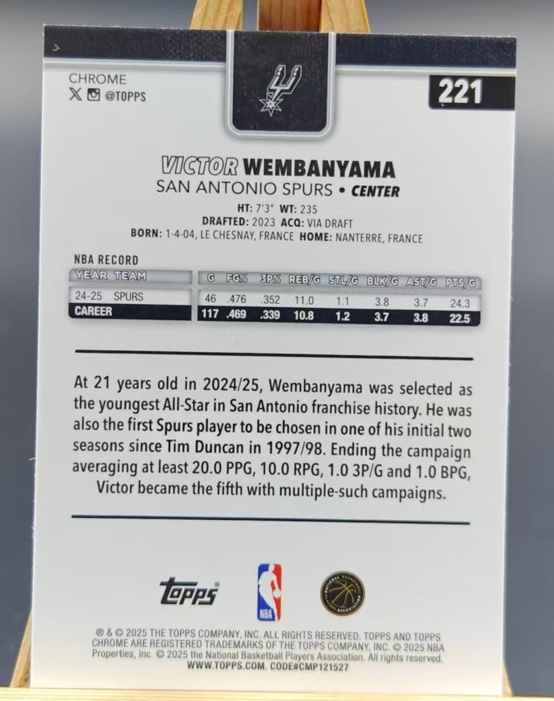 2025-26 Topps Chrome VICTOR WEMBANYAMA Basketball Refractor SP! #221 Spurs