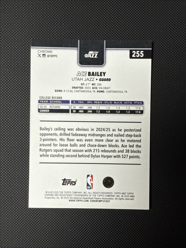 2025-26 Topps Chrome Basketball ACE BAILEY #255 Rookie Negative Refractor