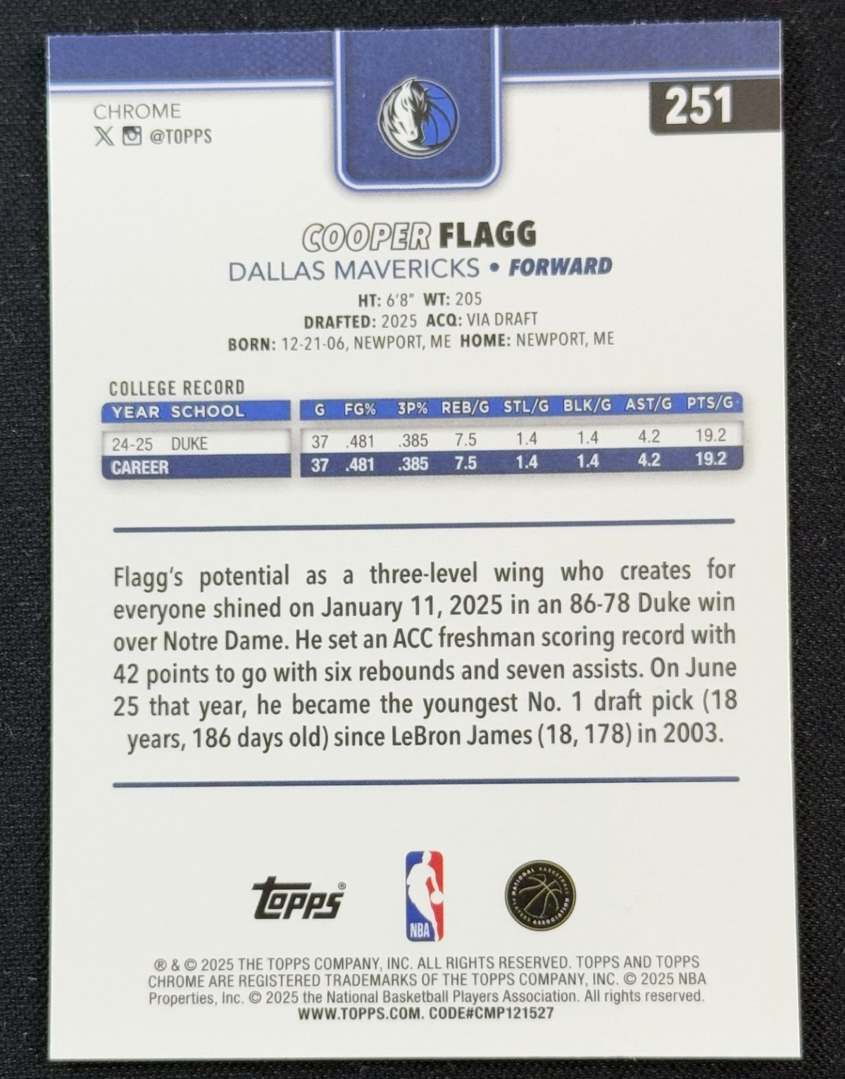2025-26 Topps Chrome Basketball - Cooper Flagg Base #251 (RC) Dallas Mavericks