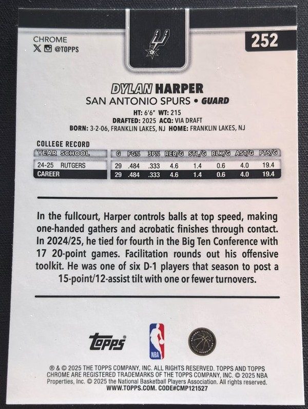 2025-26 Topps Chrome Dylan Harper Raywave Refractor Rookie Card RC #252 Spurs