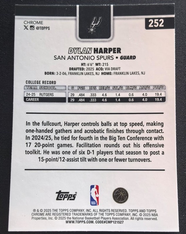 2025-26 Topps Chrome Dylan Harper Raywave Refractor Rookie Card RC #252 Spurs