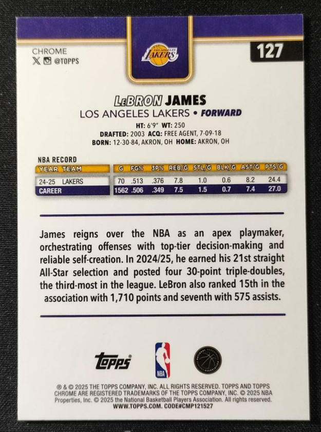 2025-26 LeBron James Topps Chrome Basketball Parallel Refractor Card #127 Lakers