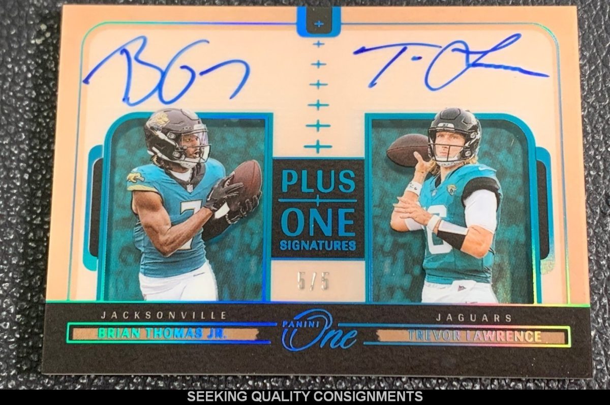 2024 Panini One Plus One Dual Auto Platinum Brian Thomas Jr. Trevor Lawrence #/5